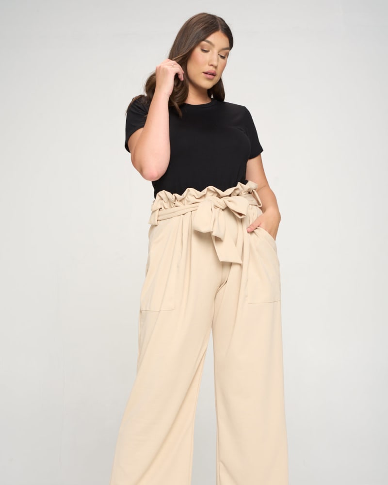 Front of a model wearing a size 1X Kathleen Paperbag Pants in Taupe by L I V D. | dia_product_style_image_id:241450